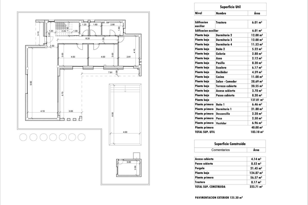 Bouwplattegrond van de villa, met aandacht voor gedetailleerde afmetingen van de kamers en oppervlakten in Aspe.