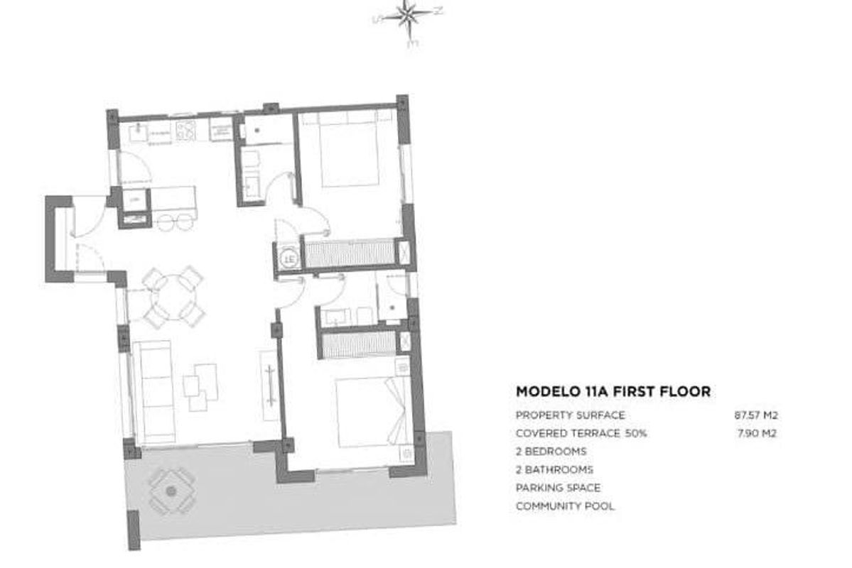 Plattegrond van het 2-slaapkamer appartement in Los Alcazares, met details van de indeling en twee badkamers.