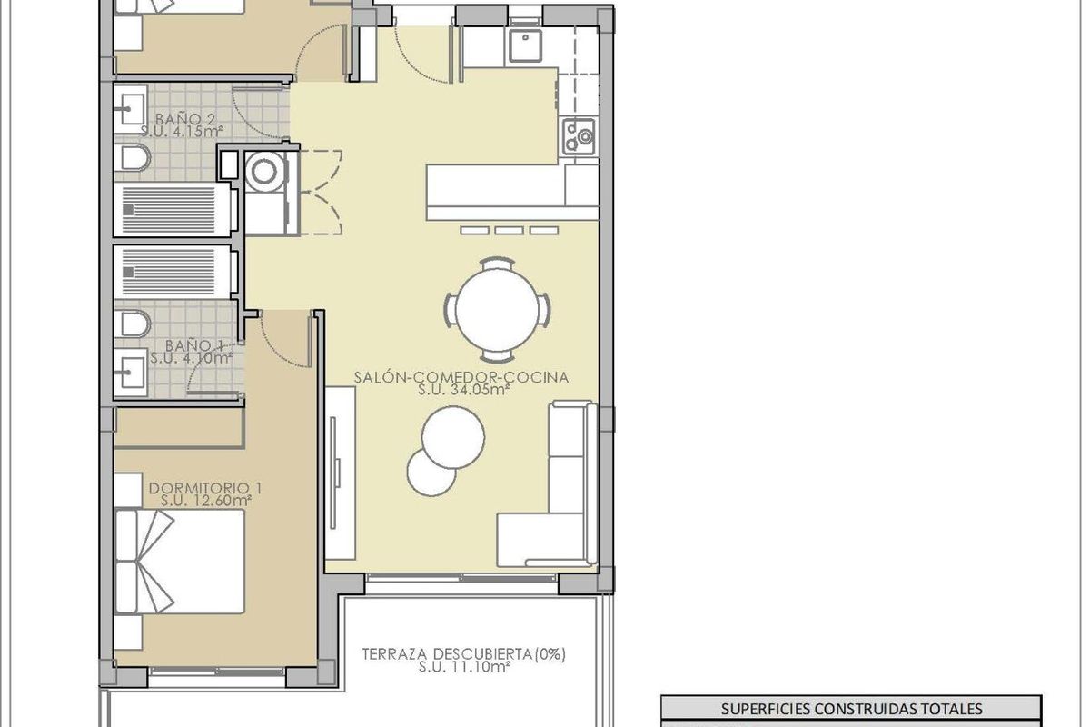 Begane grondplattegrond van 2-slaapkamer bungalow in Rojales met woonkamer, keuken, slaapkamers en terras