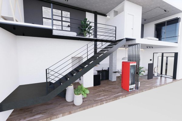 Stijlvol interieur met trap in een 1-slaapkamer appartement, Alicante. Modern ontwerp en open indeling.