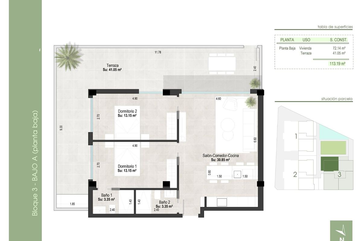 Plattegrond van een 2-slaapkamer appartement op de begane grond in San Pedro del Pinatar.