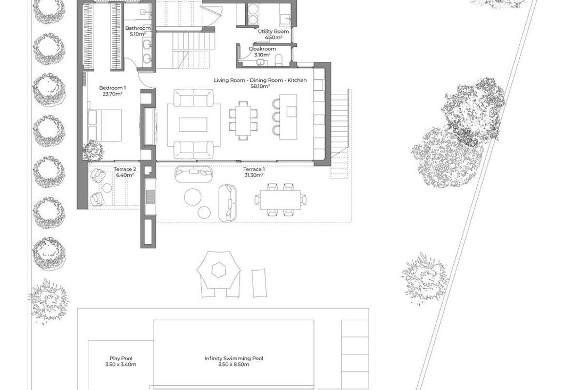 Gedetailleerde plattegrond van een 4-slaapkamer villa in Cuevas Del Almanzora, met indeling en voorzieningen, inclusief zwembad.