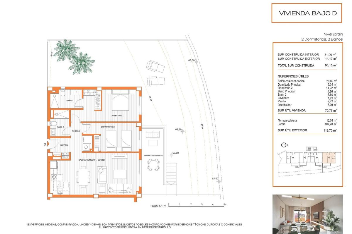 Plattegrond van een 2-slaapkamer appartement op de begane grond in Fuengirola, Costa del Sol, met indeling en afmetingen.