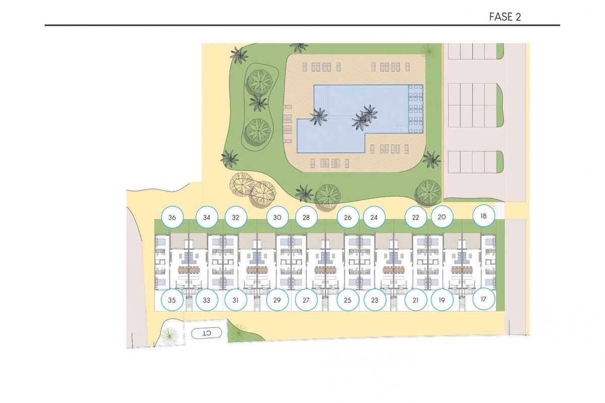Gedetailleerd terreinplan dat de indeling van bungalows en zwembaden in Finestrat, Costa Blanca Noord, Spanje.