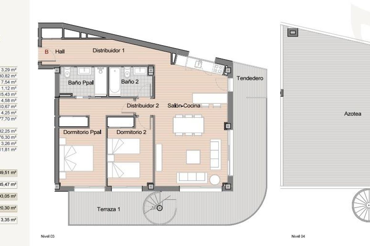 Plattegrond van een 2-slaapkamer penthouse in Estepona, met indeling van kamers en terrassen.