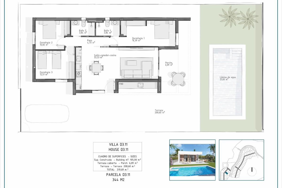 Plattegrond van een 3-slaapkamer villa met indeling in Vera, Costa de Almeria, Spanje.
