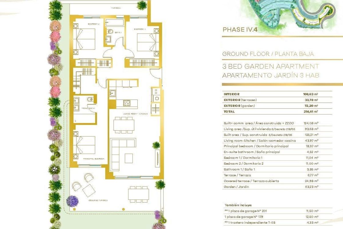 Plattegrond van een 3-slaapkamer appartement op de begane grond in Mijas, met indeling en tuin.