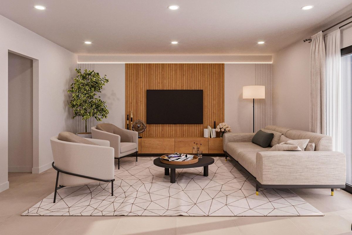 Moderne woonkamer in de 3-slaapkamer villa, met stijlvolle meubels en een gezellige sfeer in Fuente Álamo.