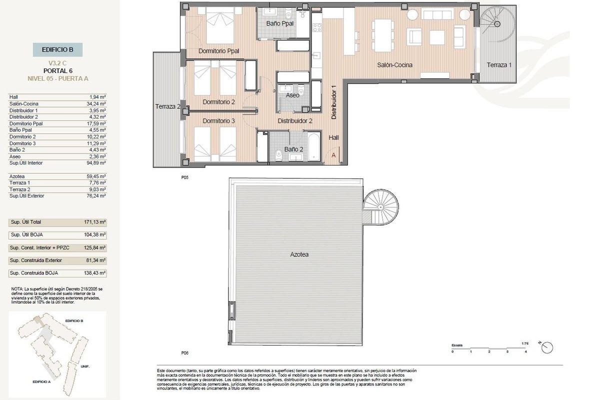 Gedetailleerde plattegrond van het 3-slaapkamer penthouse in Estepona, met indeling en kamergroottes.