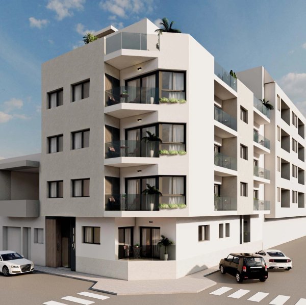 Moderne buitenkant van een 2-slaapkamer appartement op de begane grond in Guardamar del Segura, Costa Blanca, met een stijlvol ontwerp.