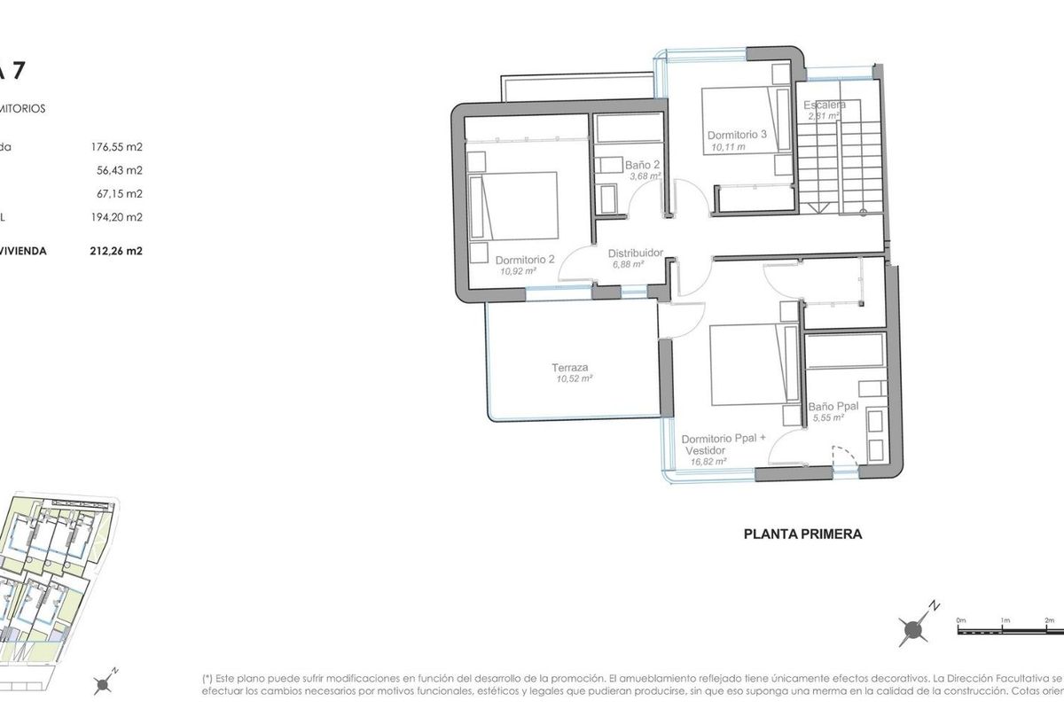 Bovenverdieping plattegrond van een 3-slaapkamer townhouse in Mojacar, met accent op slaapkamers en badkamers.