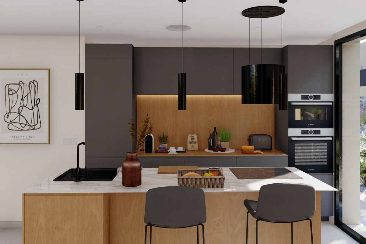 Moderne keuken met donkere kasten en eiland, gelegen in een 3-slaapkamer villa in Baños y Mendigo, Costa Calida.