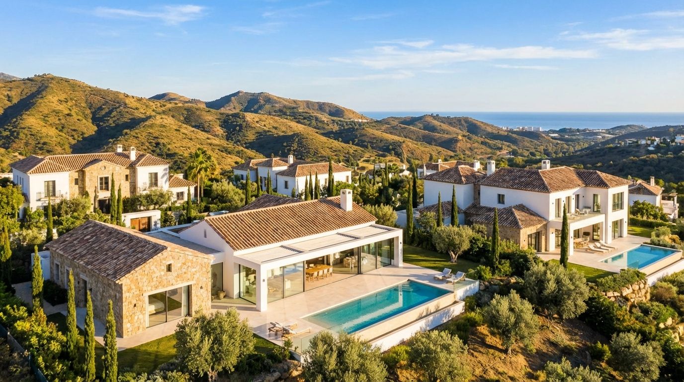 Panoramic view of Benahavis mountains and luxury villas