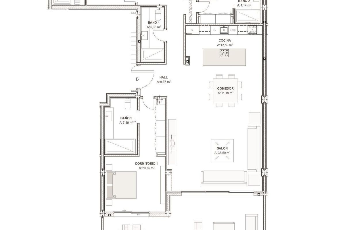 Plattegrond van een 5-slaapkamerappartement in Estepona, met een ruime indeling en kamerindeling.