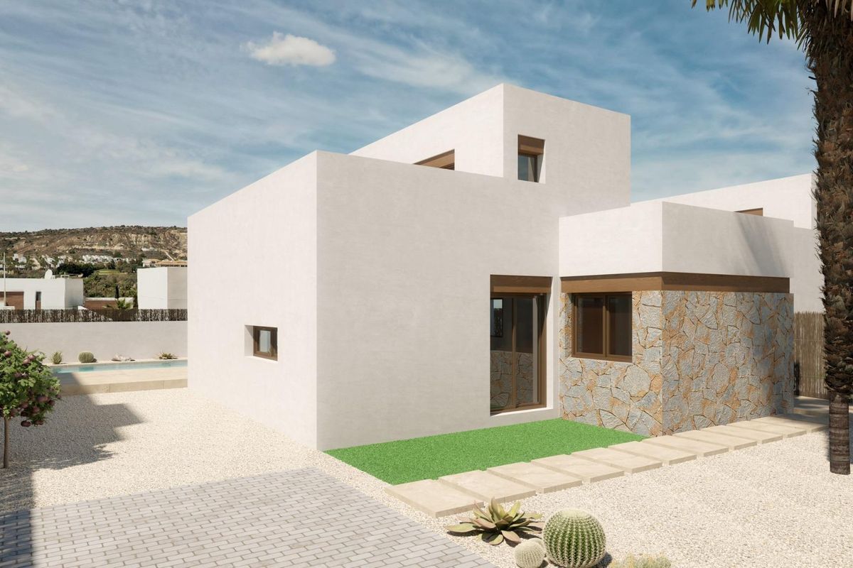 Buitenzicht op een moderne villa met mooie architectuur in Algorfa, Costa Blanca Zuid, met landschapsarchitectuur.