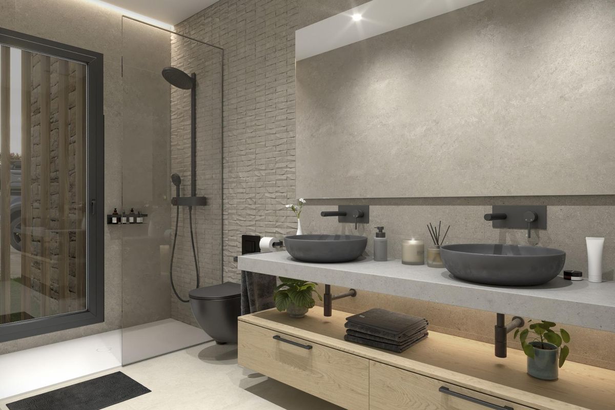 Moderne badkamer met dubbele wastafels en stijlvolle armaturen in een 3-slaapkamer villa in Cuevas Del Almanzora.