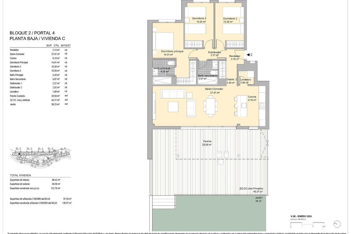 Plattegrond van een 3-slaapkamer appartement op de begane grond in Casares, Costa del Sol, met ruime indeling.