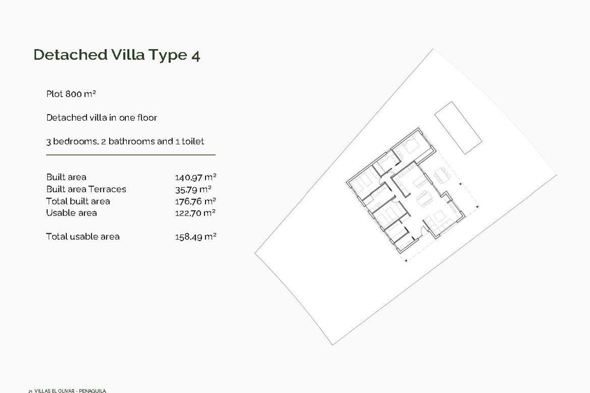 Plattegrond van de vrijstaande villa type 4, met drie slaapkamers en twee badkamers in Penaguila.