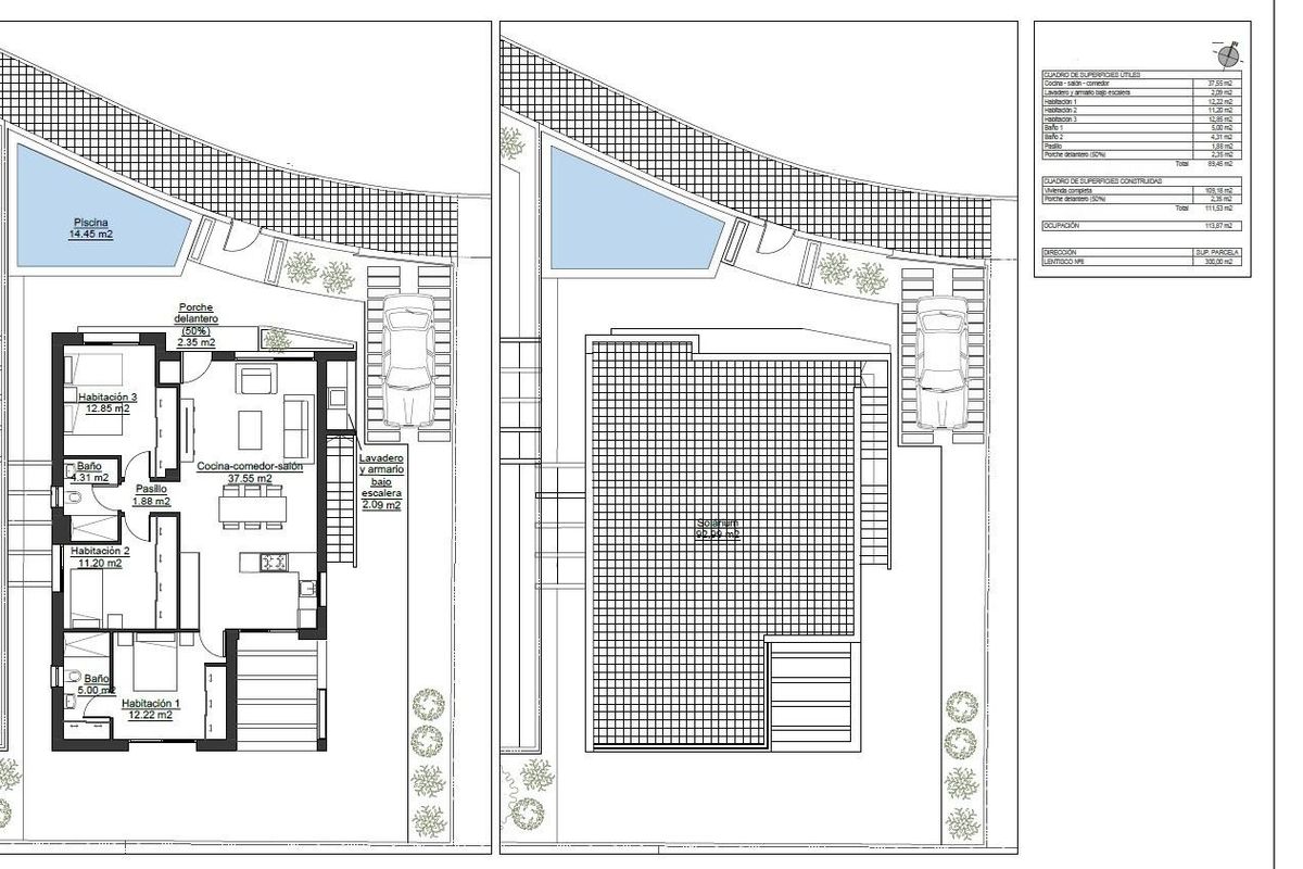 Plattegrond van een 3-slaapkamer villa met indeling en buitenruimtes in Pilar de La Horadada.
