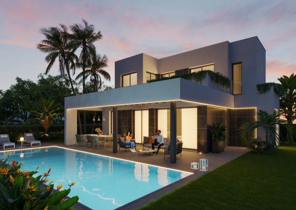 Moderne villa-exterieur met zwembad en aangelegde tuin in Finestrat, Costa Blanca Noord, Spanje.