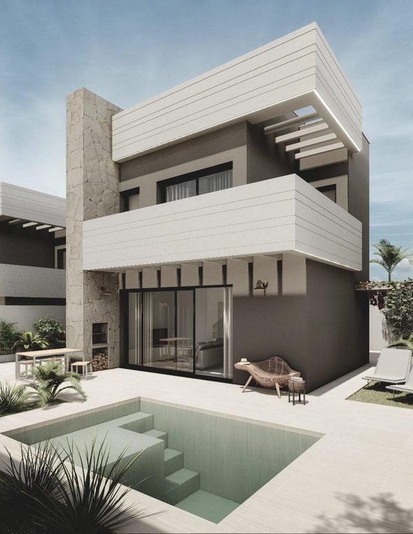 Moderne 3-slaapkamer villa buitenkant met een privé zwembad in San Juan de los Terreros, Costa de Almeria.