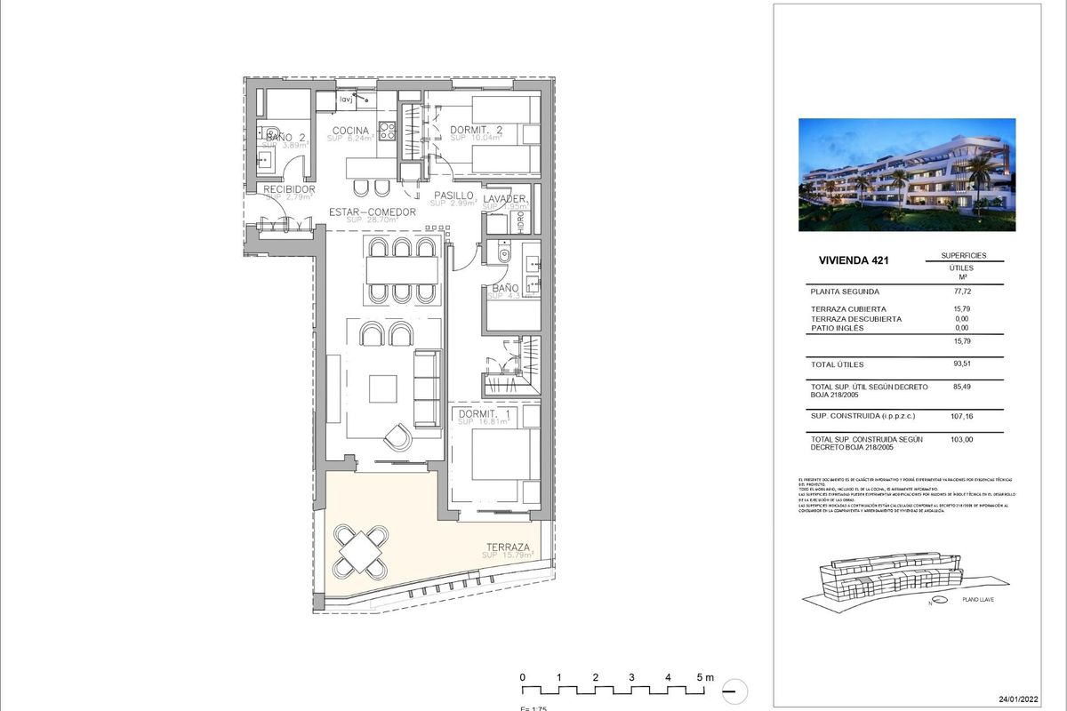 Plattegrond van een 2-slaapkamer appartement in Marbella, Costa del Sol, met een ruime indeling en terras.