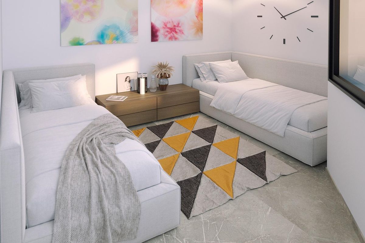 Heldere twee-slaapkamer met modern interieur en stijlvolle tapijten in een 2-slaapkamer appartement in Torrevieja, Spanje.