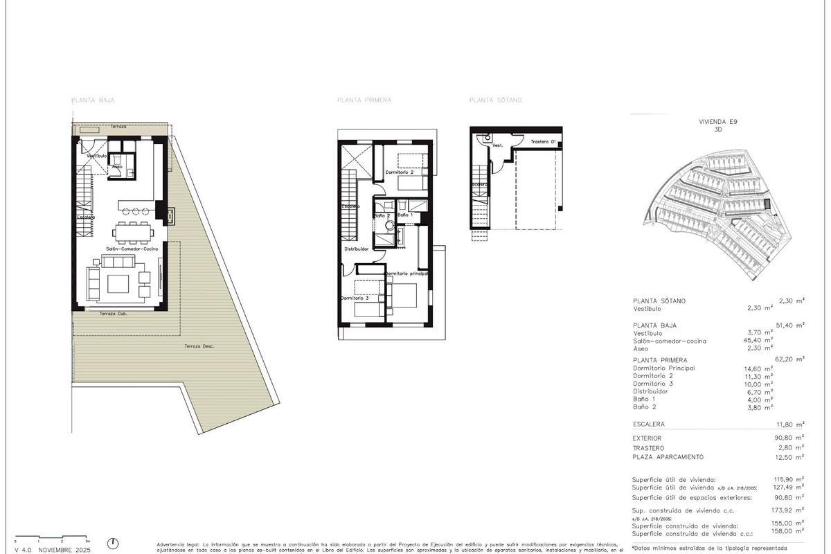 Gedetailleerde plattegrond van een 3-slaapkamer herenhuis die ruimte en indeling in Mijas, Costa del Sol illustreert.