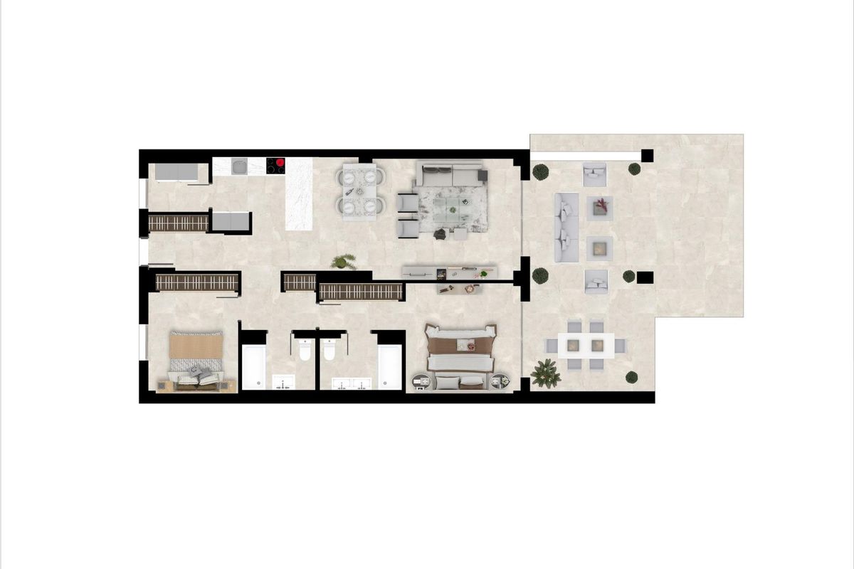 Plattegrondindeling voor een modern 2-slaapkamer appartement in Benahavís, Costa del Sol.