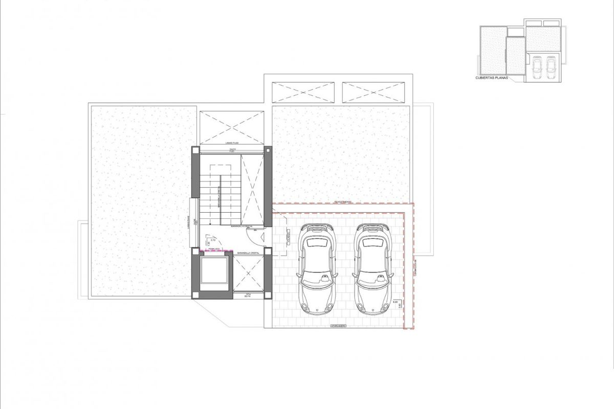 Gedetailleerde garage-indeling met parkeergelegenheid voor twee auto's in een moderne villa gelegen in Altea, Costa Blanca Noord.