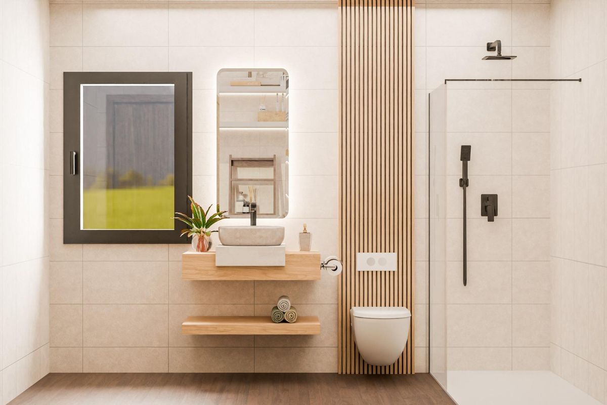 Contemporary bathroom featuring a walk-in shower and wooden accents, in a 3-bedroom villa in Pinoso, Costa Blanca.