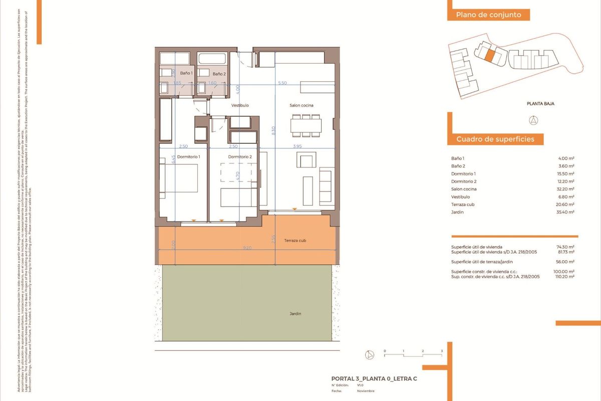 Plattegrond van een appartement met 2 slaapkamers, met weergave van indeling en afmetingen, gelegen in Mijas.