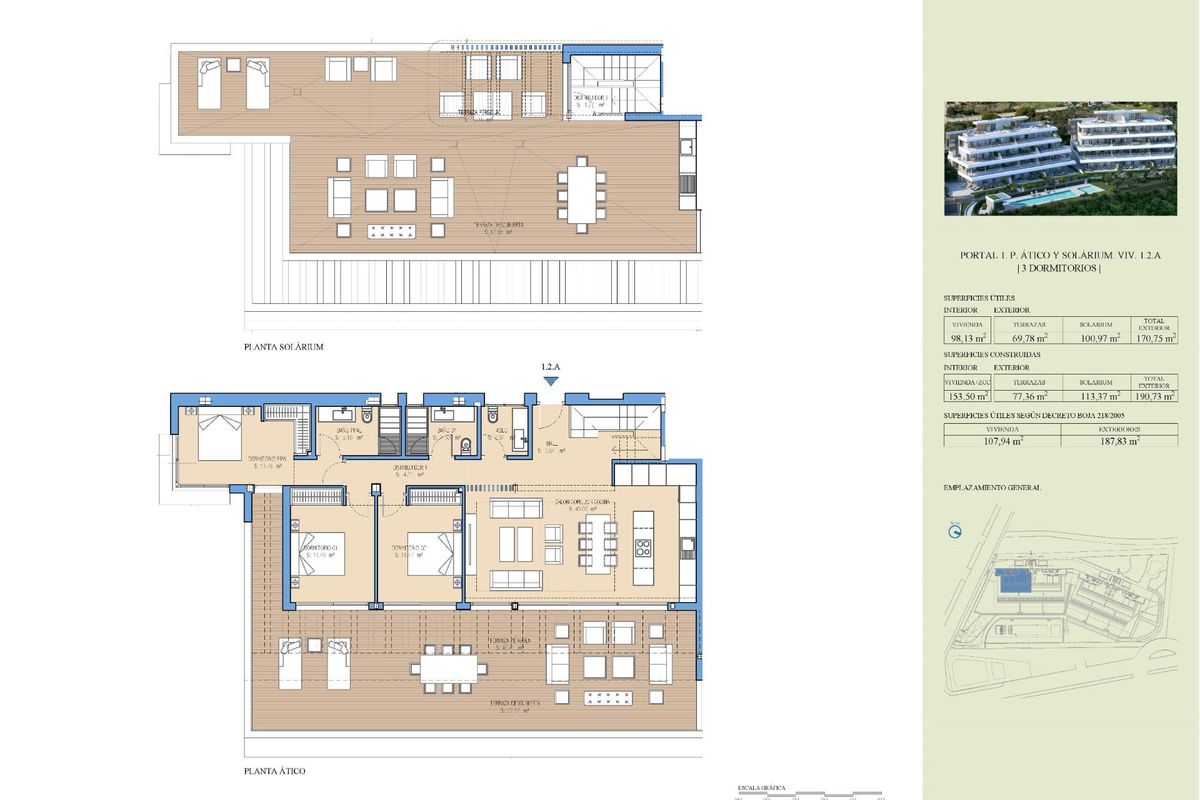 Plattegrond van een 3-slaapkamer penthouse in Estepona, Costa del Sol, met ruime indelingen voor wonen en dineren.