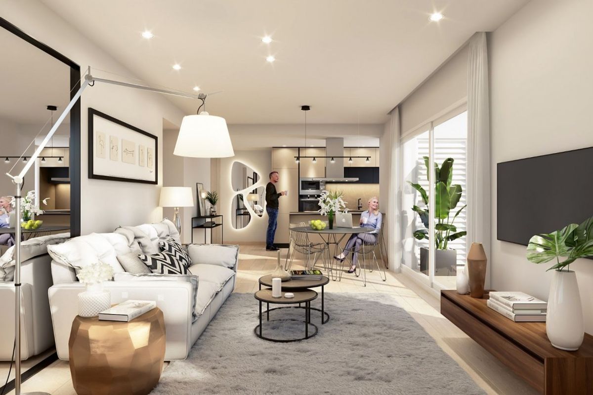 Stijlvolle woonkamer met een lichte woonkamer en keuken in een appartement op de begane grond in Algorfa.