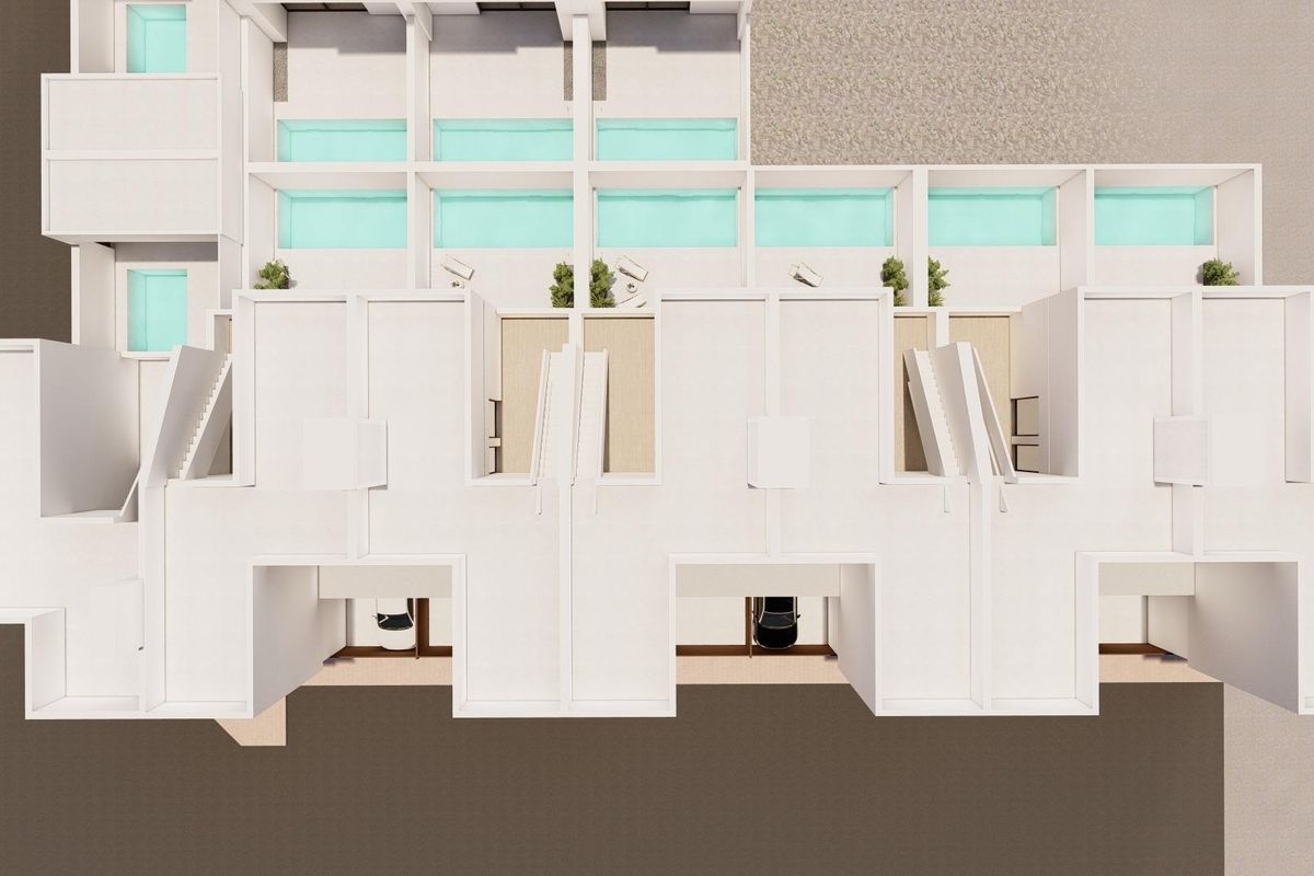 Plattegrond van het townhouse complex in San Javier, die de indeling en beschikbare buitenruimtes illustreert.