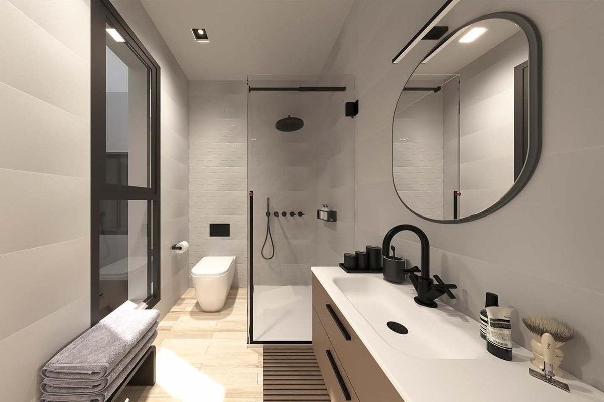 Modern badkamerontwerp in een 2-slaapkamer benedenwoning in Dolores, Costa Blanca Zuid, met stijlvolle armaturen en ruimte.