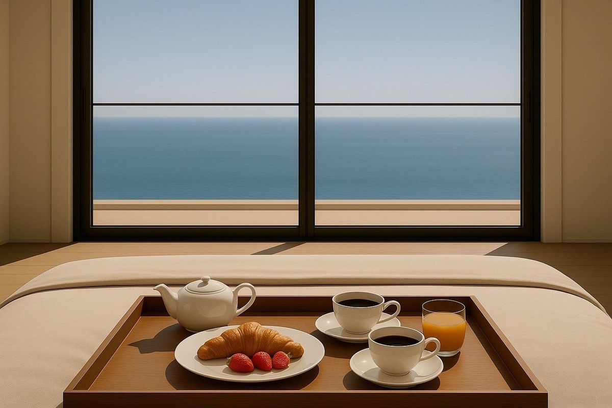 Ontbijt op bed met zeezicht in Mijas, Costa del Sol. Een perfect begin van de dag in uw nieuwe 3-slaapkamer townhouse.