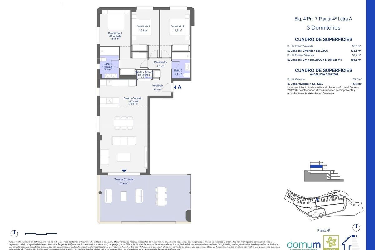 Plattegrond van een 3-slaapkamer appartement, met woonruimtes in San Roque, Costa del Sol.