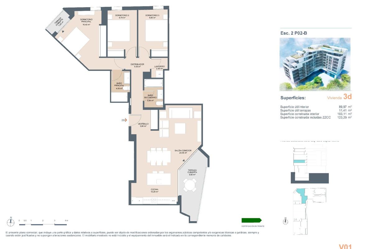 Plattegrond van een 4-slaapkamer appartement in Alicante, Costa Blanca, met indeling en ruimten.