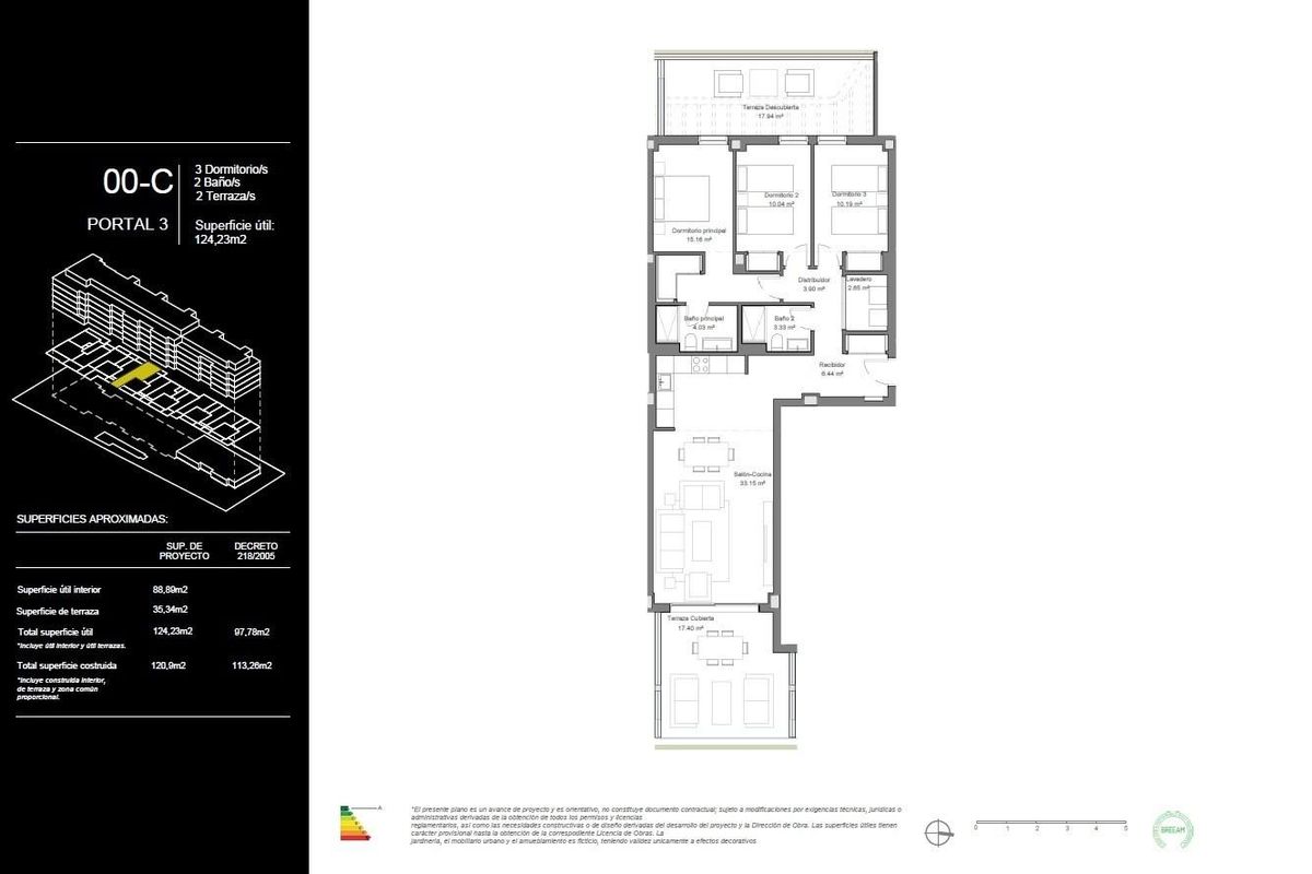 Plattegrond van een 3-slaapkamer appartement, met ruime kamers en modern ontwerp in Torremolinos.