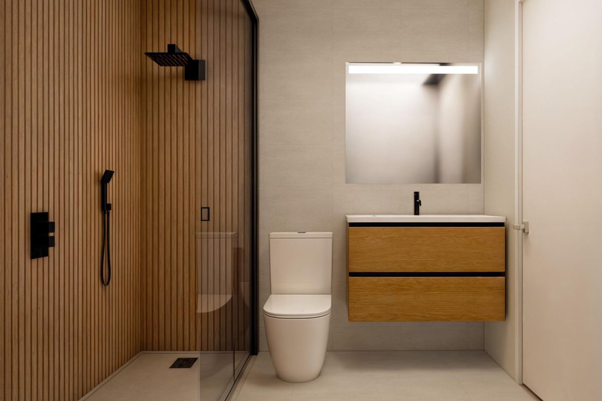 Stijlvolle badkamer in een villa in Torre Pacheco, met een strakke inrichting en moderne armaturen.