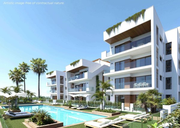 Moderne appartementen met strakke lijnen, zwembad en palmbomen in Los Alcazares, Costa Calida.