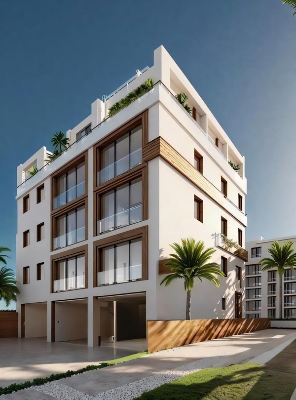 Exterieur van een modern appartementencomplex in san pedro del pinatar. met balkons, grote ramen en palmbomen.