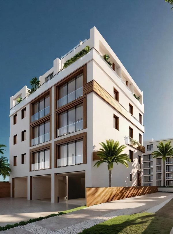 Exterieur van een modern appartementencomplex in san pedro del pinatar. met balkons, grote ramen en palmbomen.