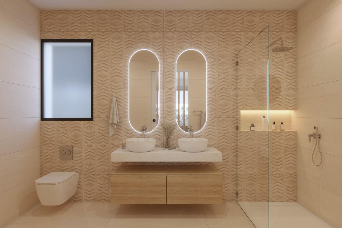 Elegante badkamer met textuurwanden en dubbele wastafels, 3-slaapkamer villa in Fuente Álamo.