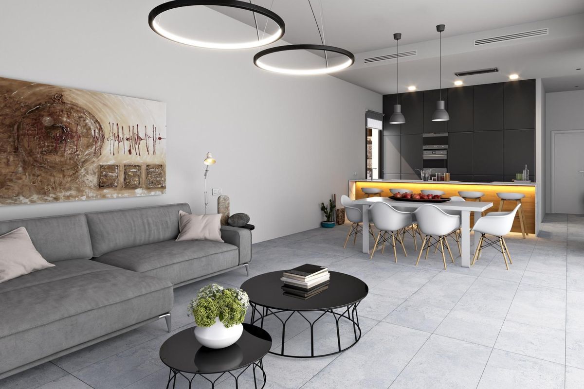 Stijlvol woongebied in een villa in Finestrat, met hedendaagse meubels en een strakke uitstraling.