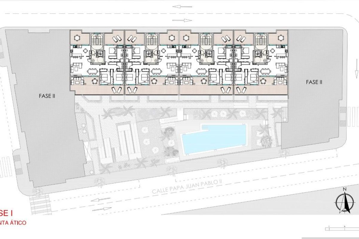 Site plan showing layout of modern penthouses with pool and garden areas in Aguilas, Spain.