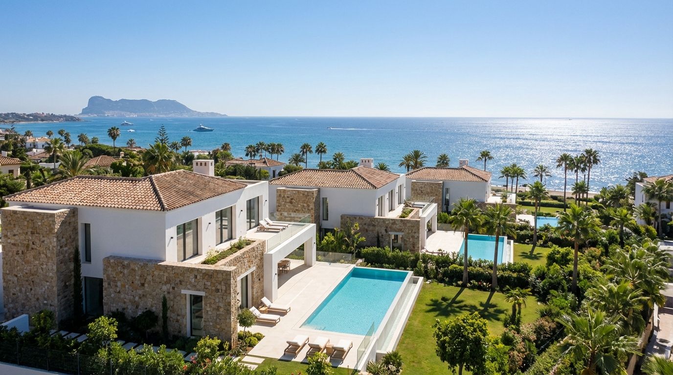 Panoramic view of modern luxury villas overlooking the Mediterranean Sea in Marbella