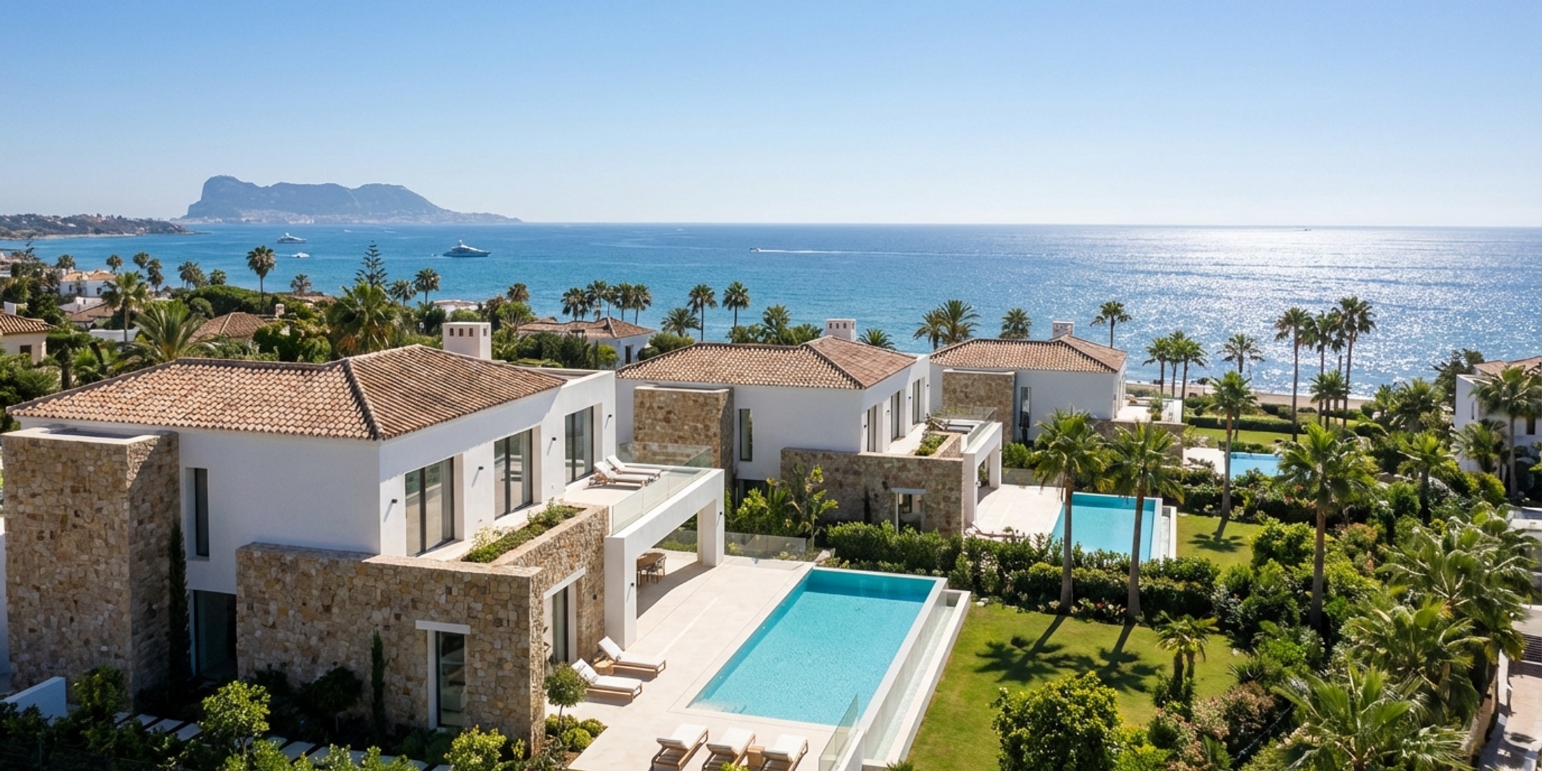 Panoramisch uitzicht op moderne luxe villa's met uitzicht op de Middellandse Zee in Marbella