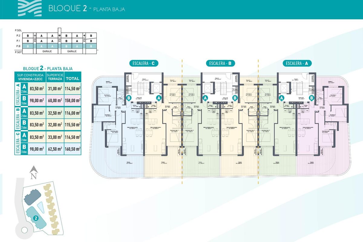 Gedetailleerde plattegrond van appartementen op de begane grond in het nieuwe Bloque 2 in Los Alcazares, Spanje.